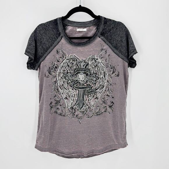 Maurices Short Sleeve studded bling Angel Wings cross T-shirt size S western - Picture 1 of 6